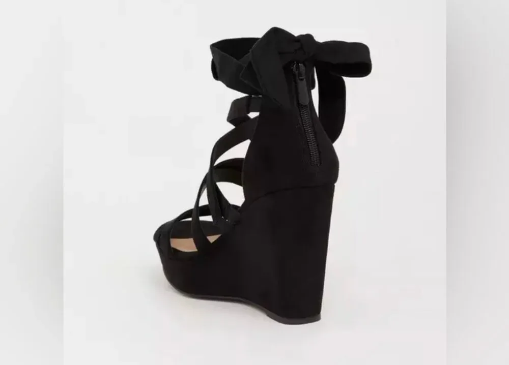 NWOT Torrid black suede platform wedge with adjustable ankle ties size 8.5W